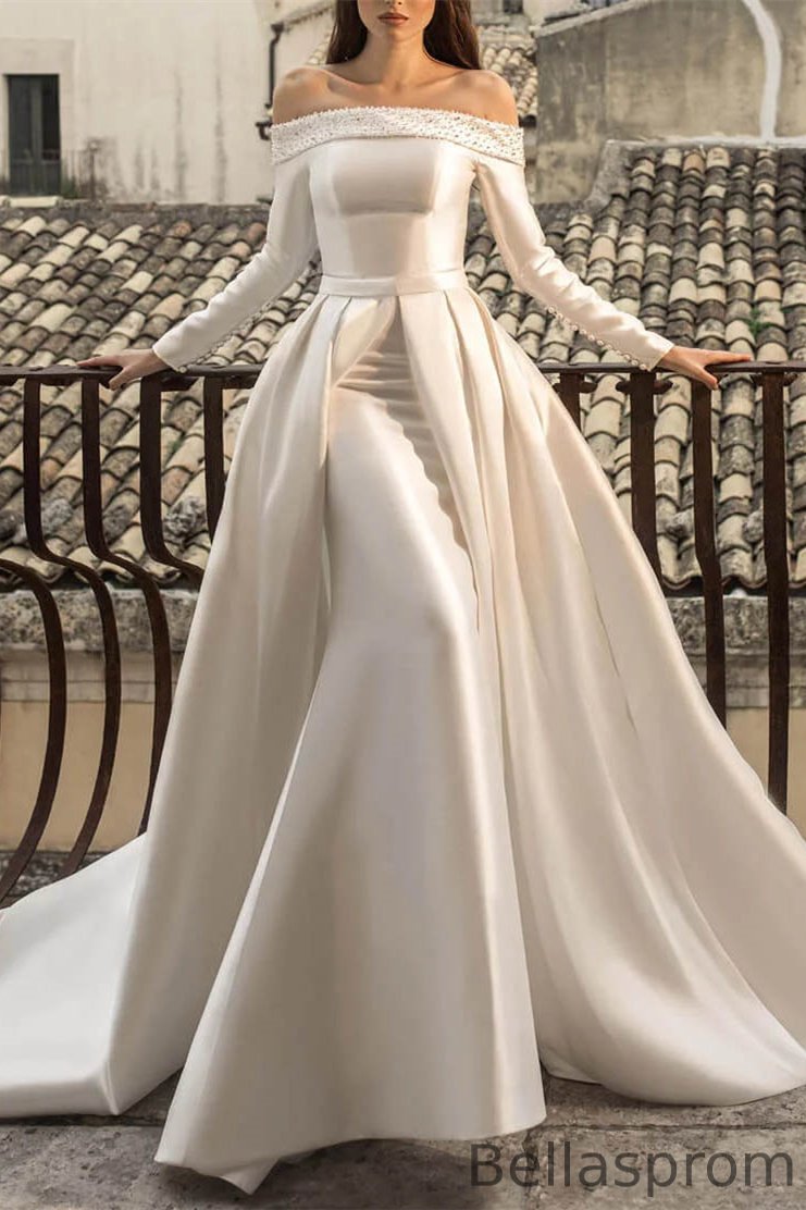 Bellasprom Off-the-Shoulder Long Sleeves Mermaid Satin Wedding Dress Overskirt With Pearls Bellasprom