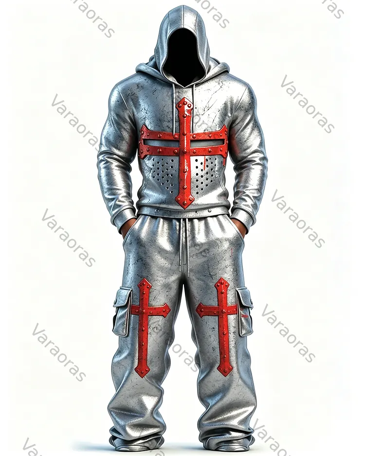 Men's Fashion Vintage Crusader Embroidered Hoodie & Pants Two-Piece Set 5249