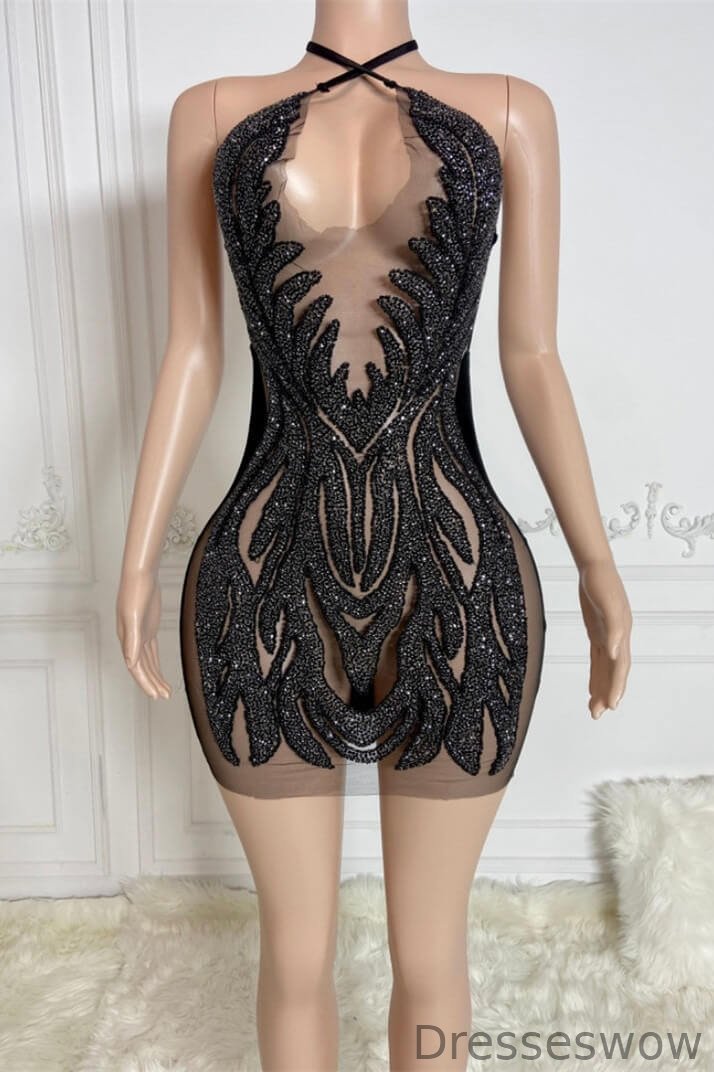 Dresseswow Black Halter Backless Short Prom Dresses With Beadings Mini Party Gown