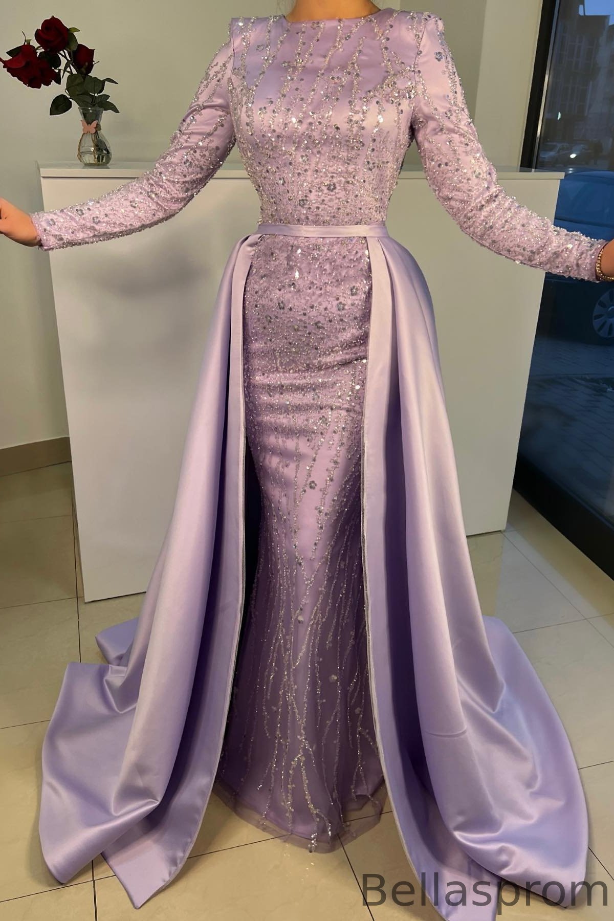 Bellasprom Lilac Long Sleeves Mermaid Prom Dress Overskirt With Sequins Beadings Bellasprom