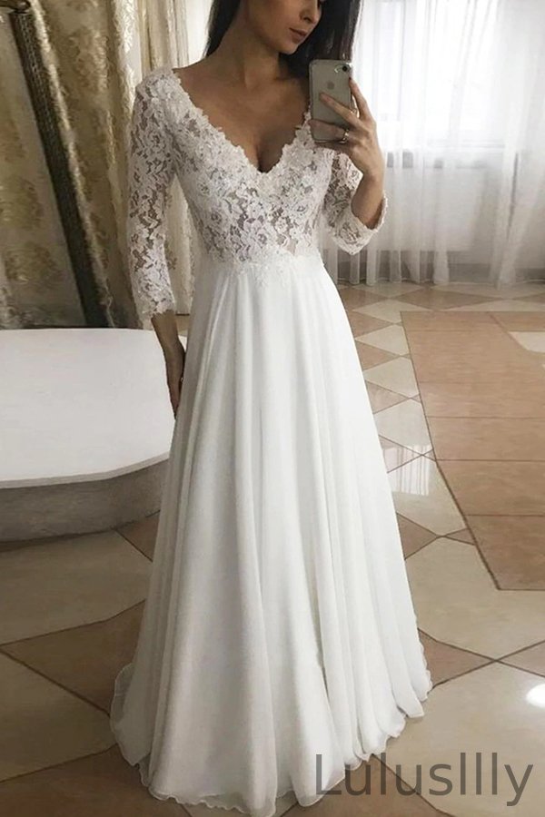 Appliques Long Sleeve V-Neck Wedding Dress With Lace - lulusllly