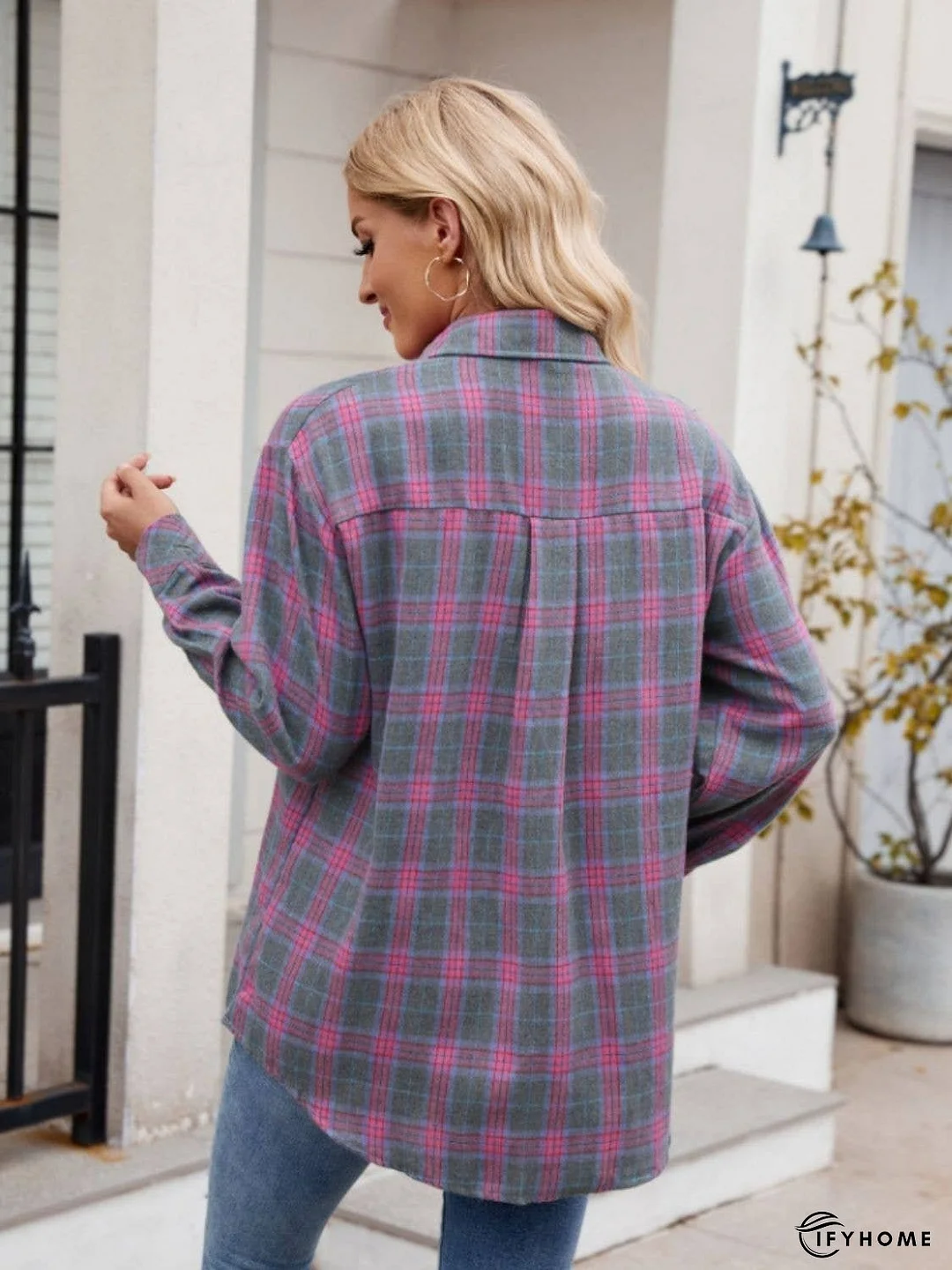 Pocketed Plaid Collared Neck Long Sleeve Shirt | IFYHOME