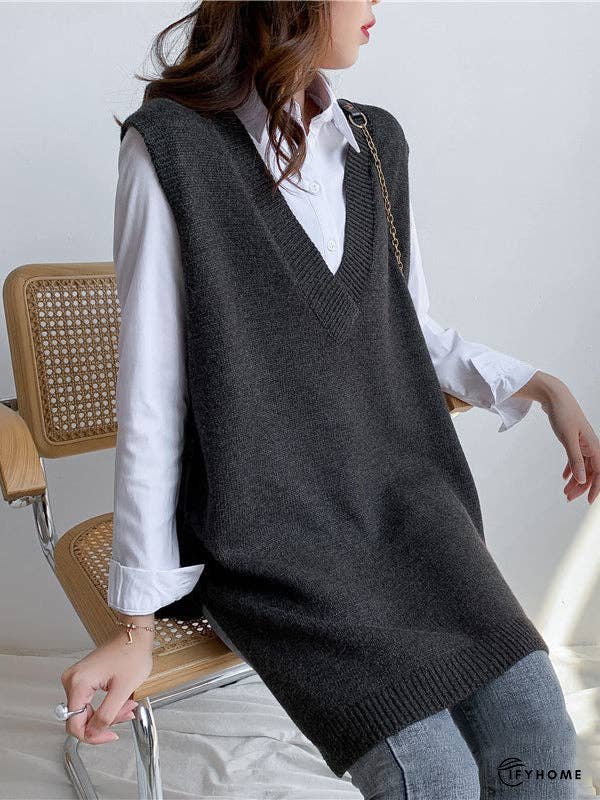 Trendy Sleeveless Split-Side Solid Color V-Neck Knitted Vest | IFYHOME