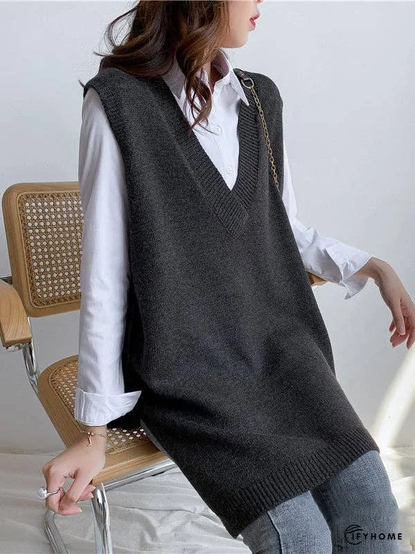 Trendy Sleeveless Split-Side Solid Color V-Neck Knitted Vest | IFYHOME