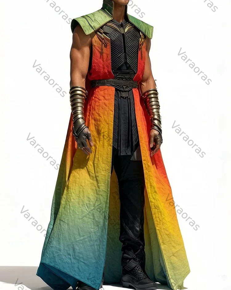 Men's fashionable and comfortable hippie rainbow-colored printed embroidered cotton and linen cape 7336