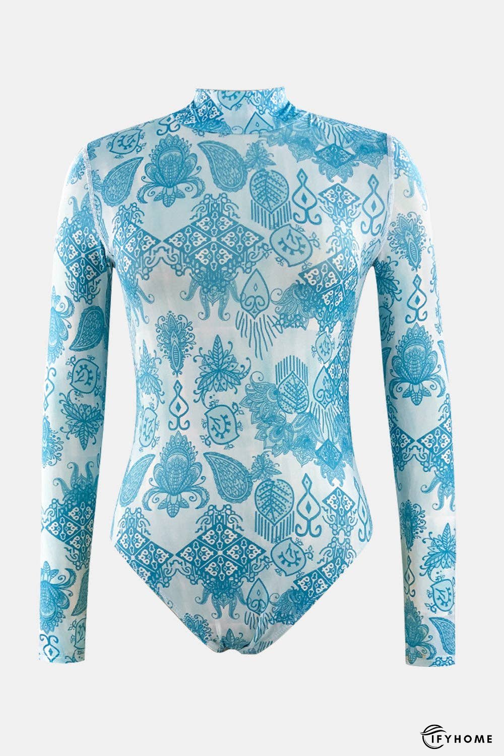 Printed Mock Neck Long Sleeve One-Piece Swimwear | IFYHOME