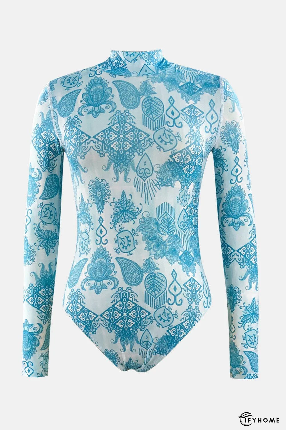 Printed Mock Neck Long Sleeve One-Piece Swimwear | IFYHOME