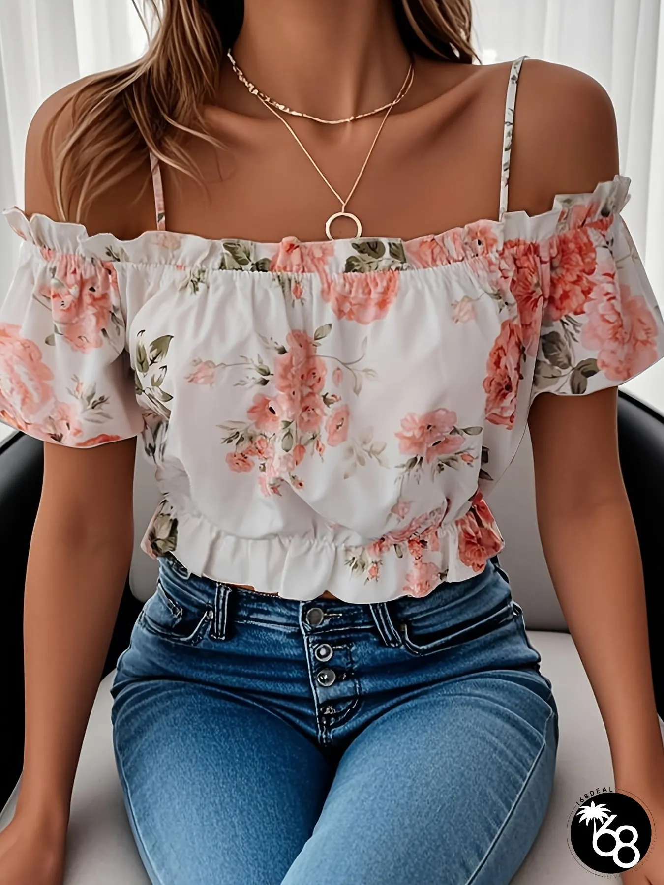 New Summer Pink Floral Off-Shoulder Top with Puff Sleeves and Waist-Cinching Lightweight | 168DEAL