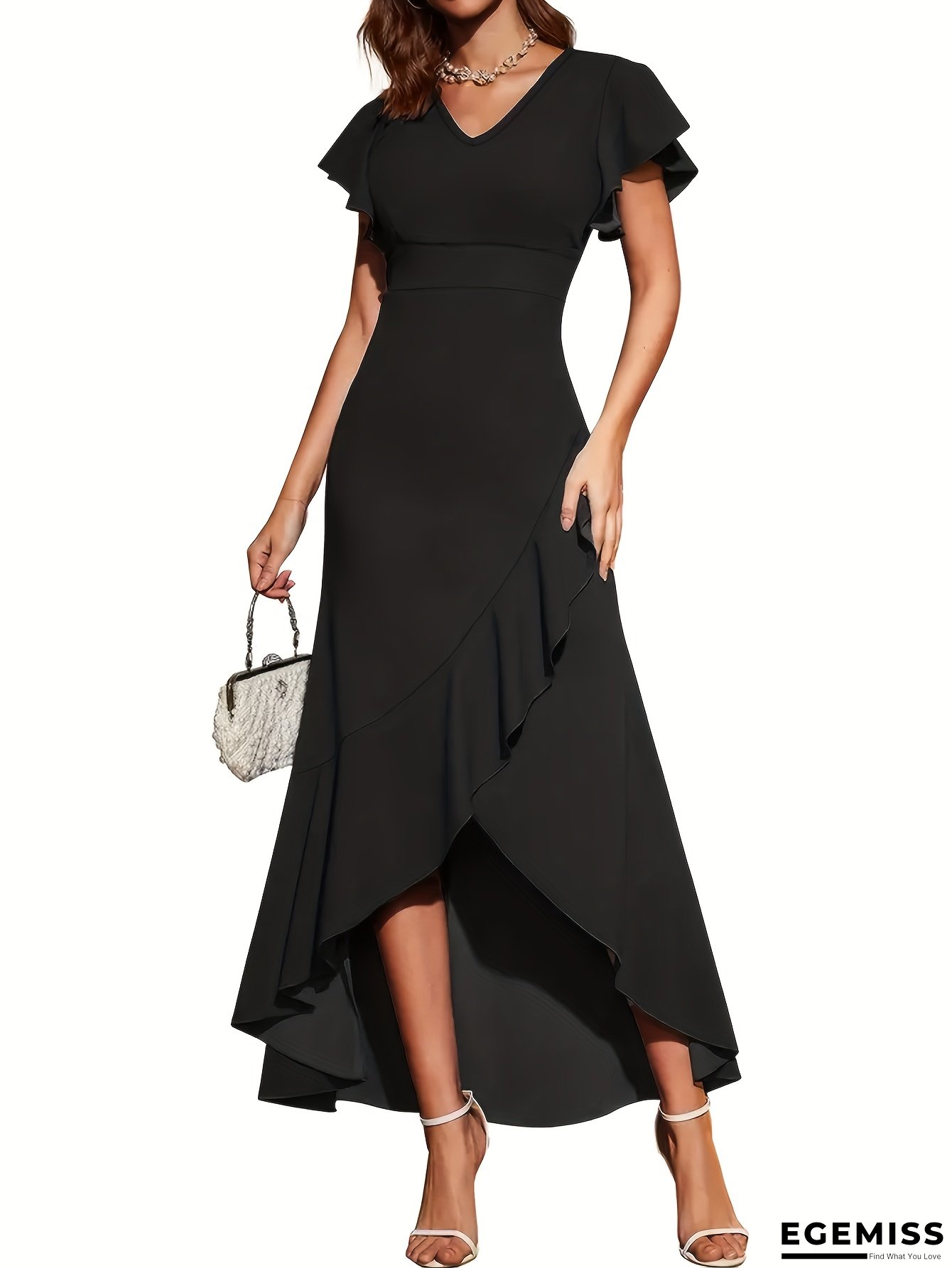 Women&lsquo;s Elegant Formal Party Dress - Flared Hem, Party, Dance, Wedding - Flatterning Fit - Elegant Evening Gown for Women, Dresses for Wedding Guest, Dance Attire, Vneck Design, Flowy Fabric, Ruffled Detailing, Stylish Formalwear, Bridal Guest Outfit | EGEMISS