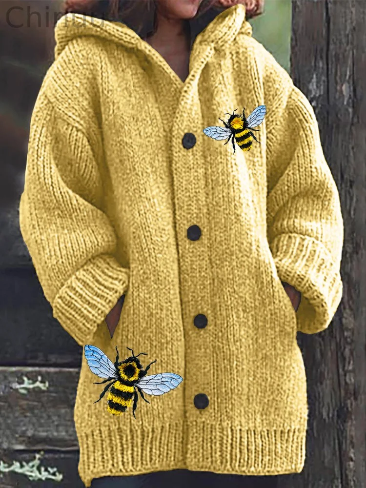 Fringed Bee Cute Honeybee Insect Embroidery Comfy Hooded Cardigan