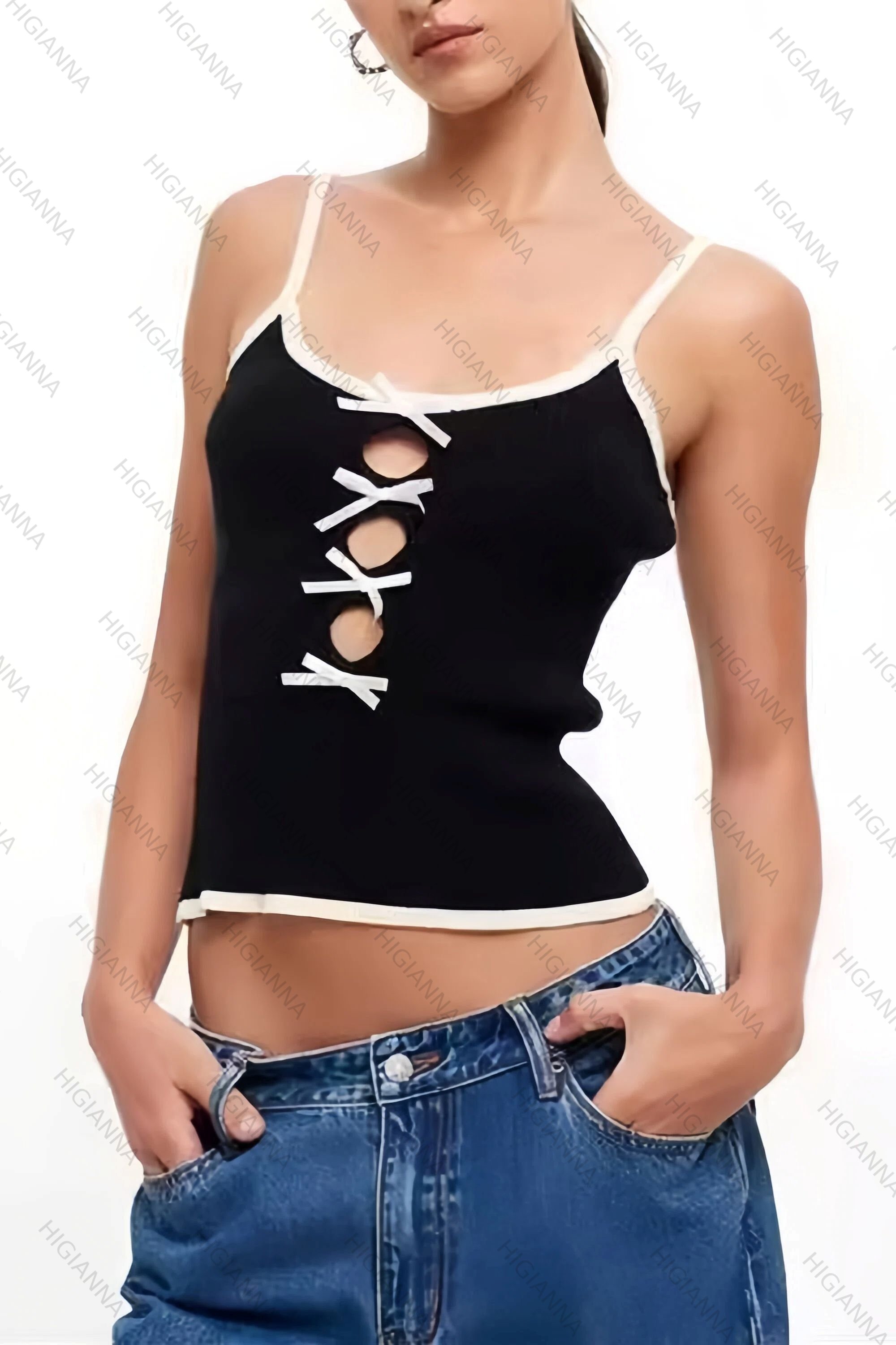 Contrast Trim Cut Out Bow Detail Cami Crop Top - HIGIANNA&reg;