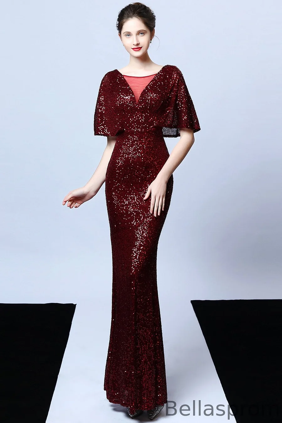 Bellasprom Sequins Ruffles Sleeves Evening Dress Mermaid Long Cheap Party  Gowns