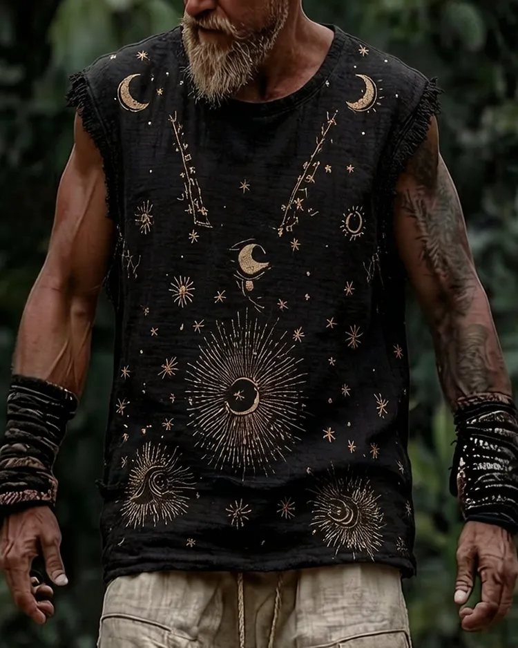 Men's Summer Fashion Color-Blocked Star and Moon Embroidered Top 2515