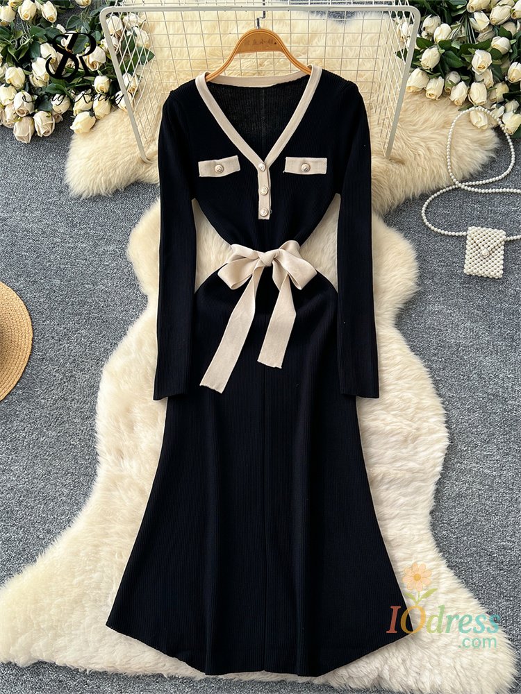 IO Dress SINGREINY French Style OL Sweater Long Dress 2025 Fashion V Neck Long Sleeves Slim Botton Bow Design Retro Bodycon Knitted Dress