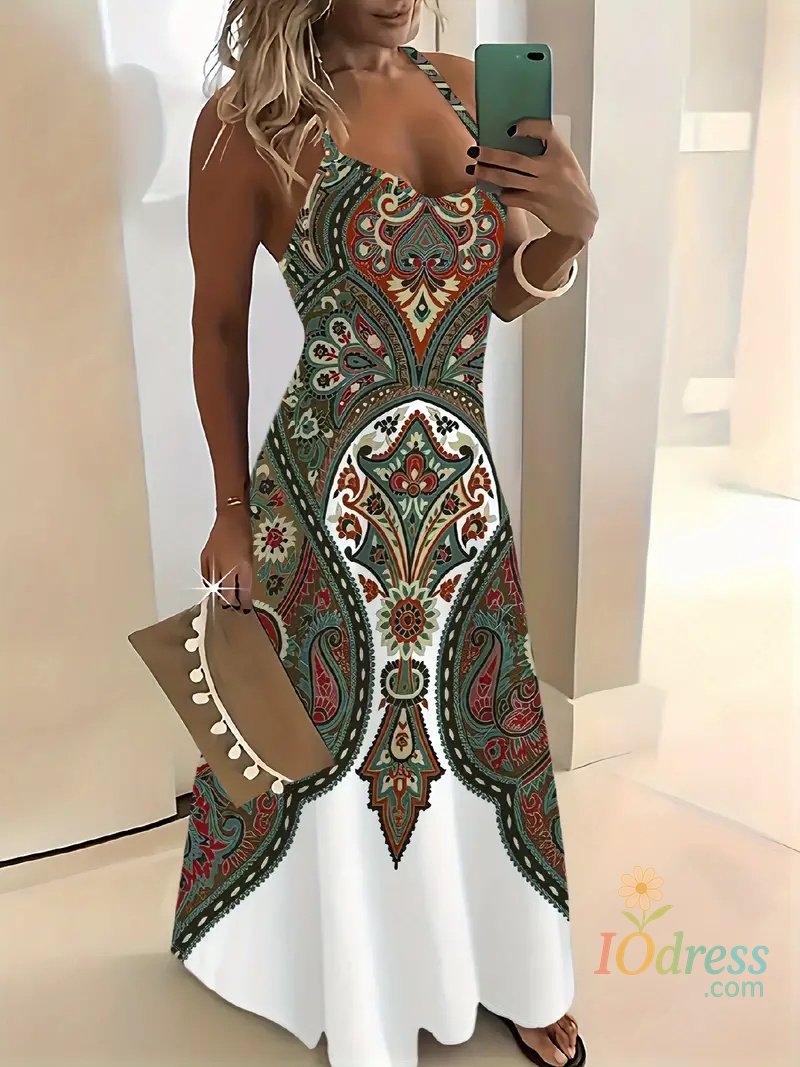 IO Dress Summer Fashion Loose Women's Long Dress Colorful Botanical Flower Print V-Neck Print Casual Long Dress Bohemian Beach Dress