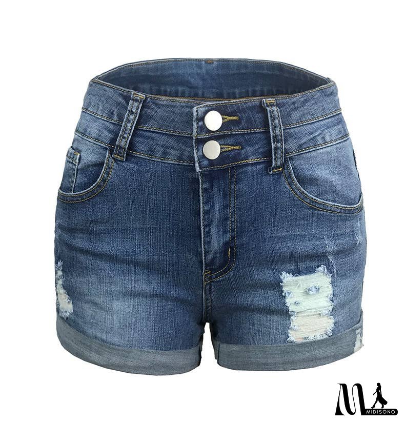 Women's Ripped Hem Elastic High Waist Denim Shorts