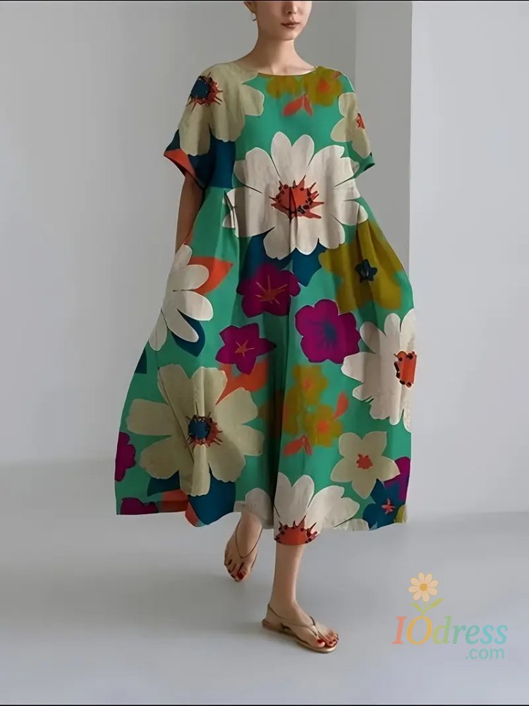 IO Dress Spring And Summer Outdoor Holiday Seaside Leisure Elegant Dress Colorful Flowers Round Leisure Loose Women's A-line Dress