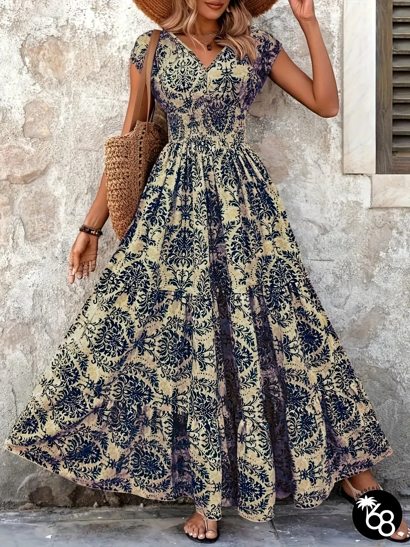 Elegant V-Neck Floral Print Maxi Dress For Women Summer High-Lo Hem Short Sleeve A-Line | 168DEAL