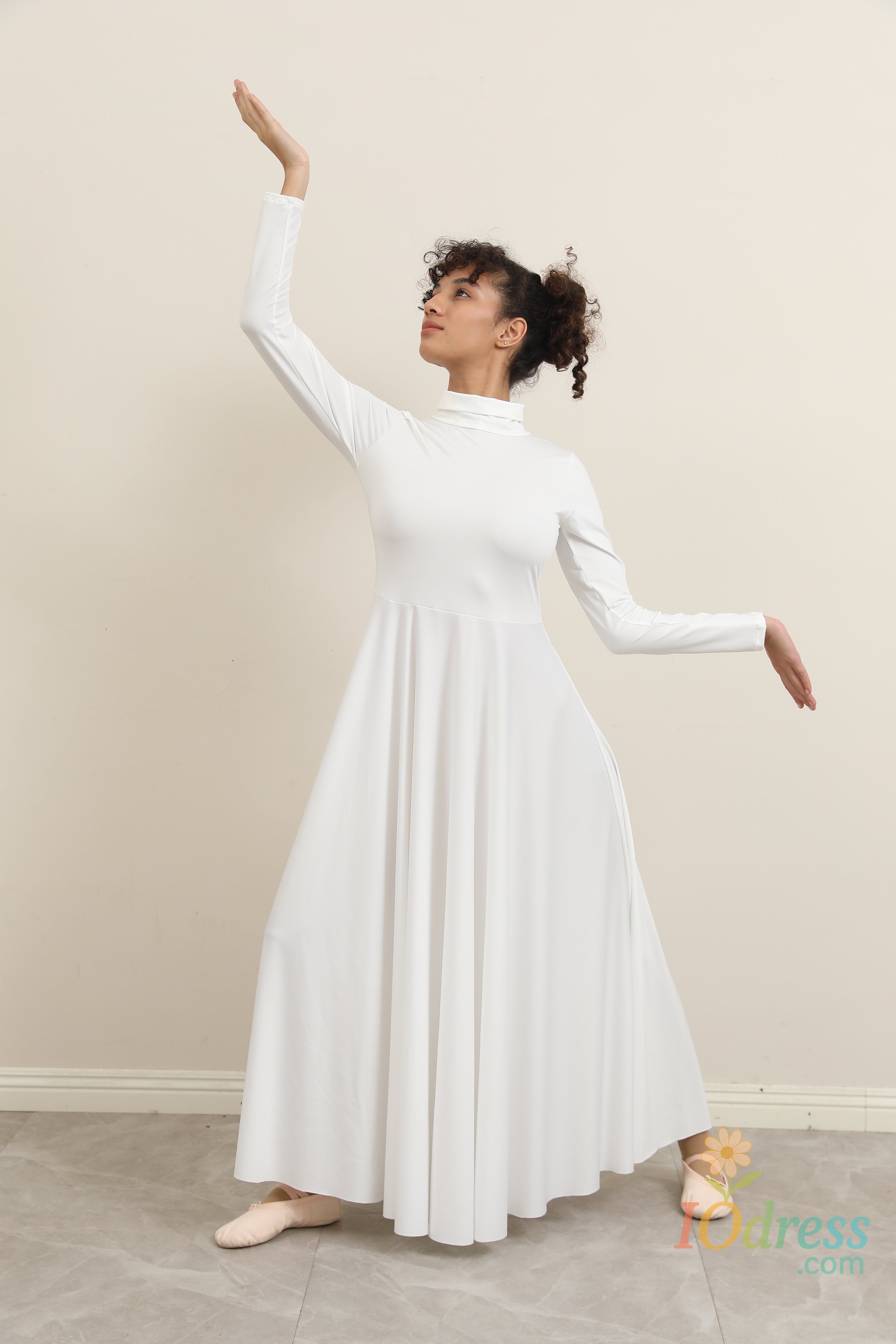 IO Dress Women Praise Dance Dress Loose Fit Full Length Long Sleeve Worship Liturgical Costume Free Cropping Folding Collar