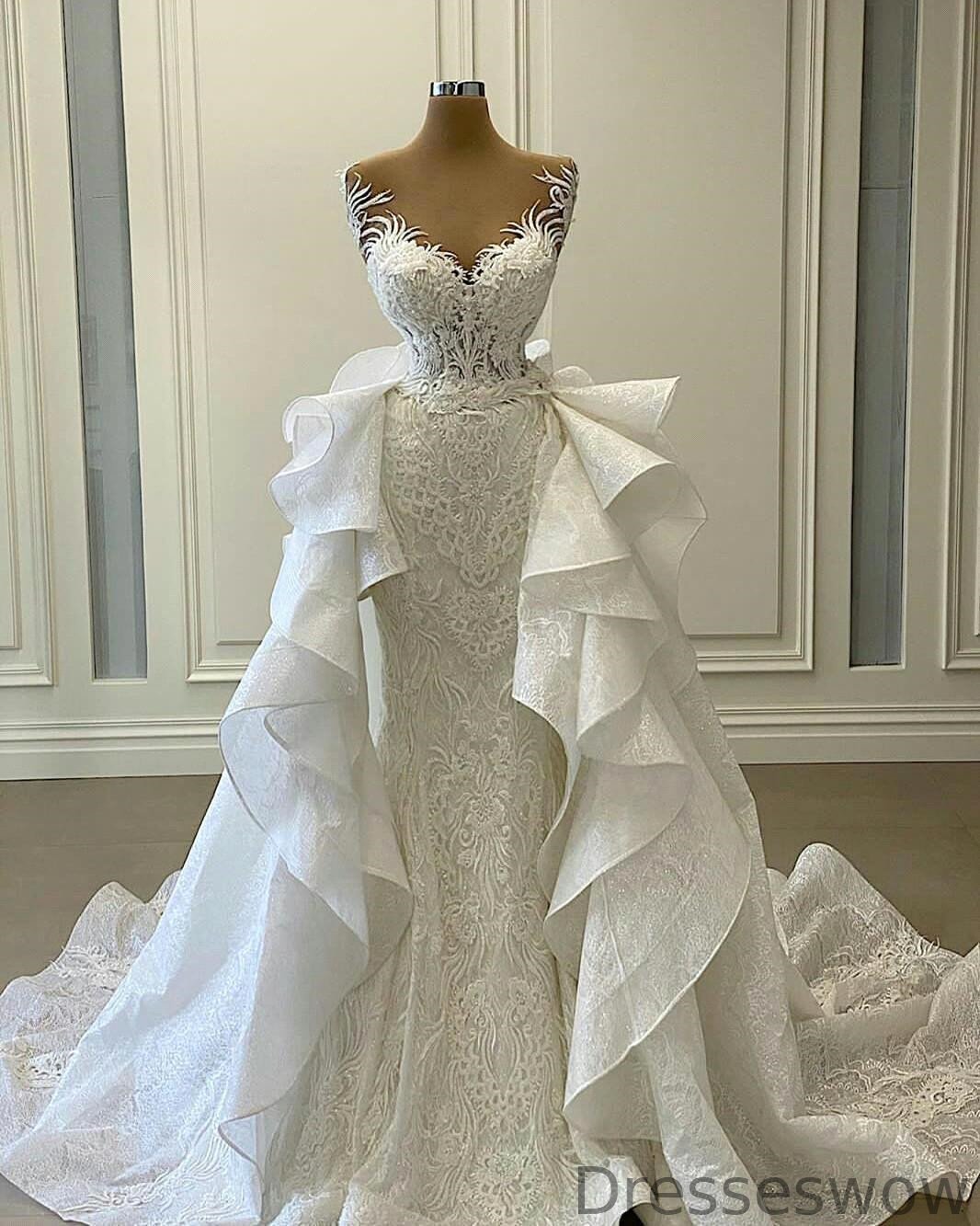 Dresseswow Sweetheart Lace Appliques Mermaid Wedding Dresses With Detachable Skirt