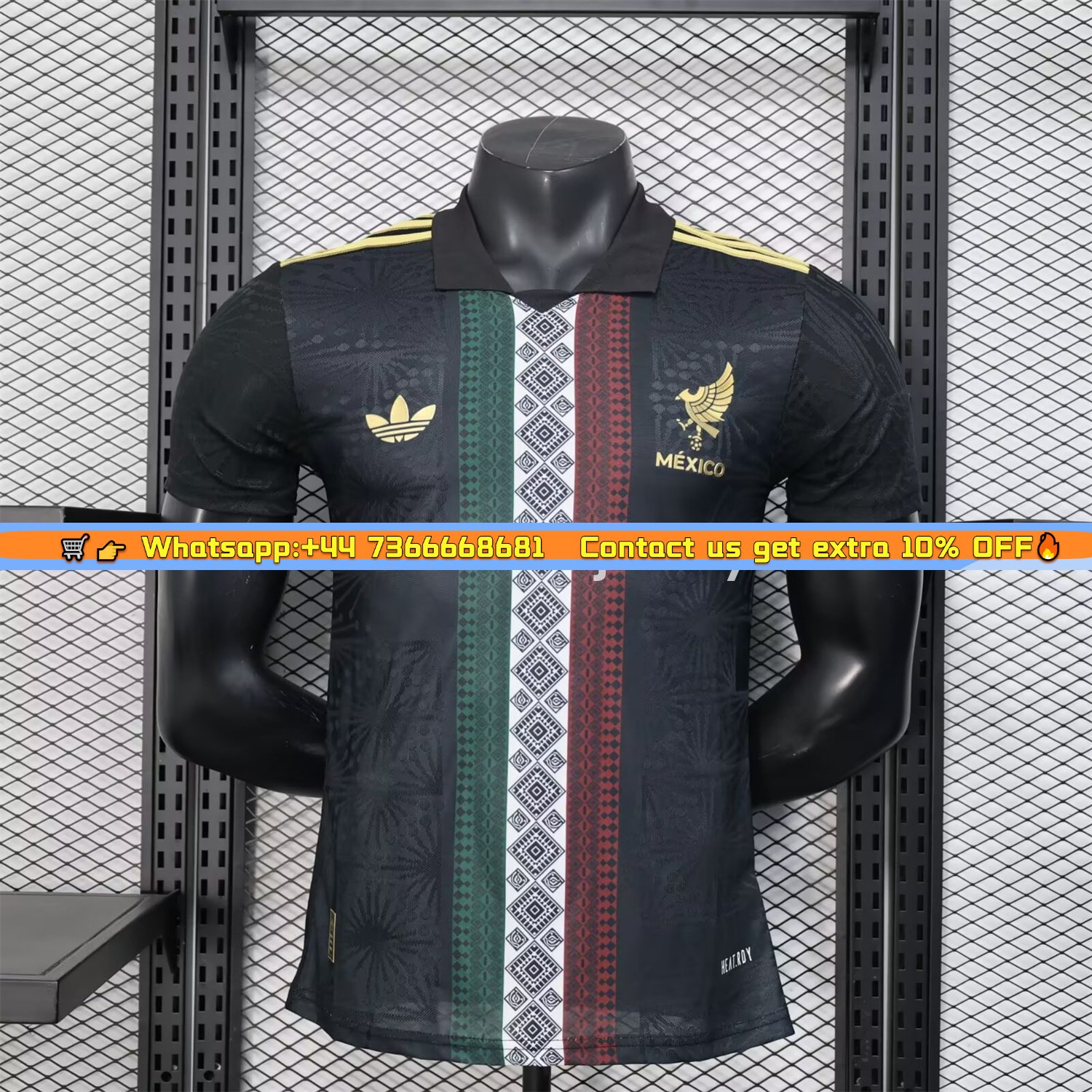 Mexico 25-26 Black Polo Jersey with Red White and Green Decorative Pattern - Player Version