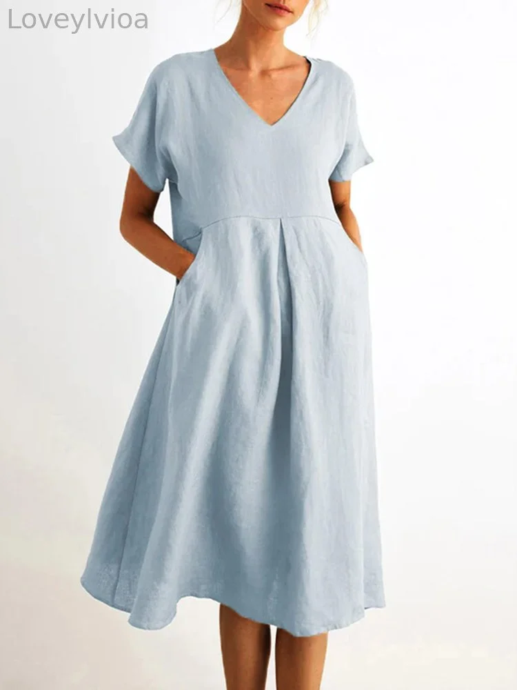 V Neck Pocket Comfy Midi Dress