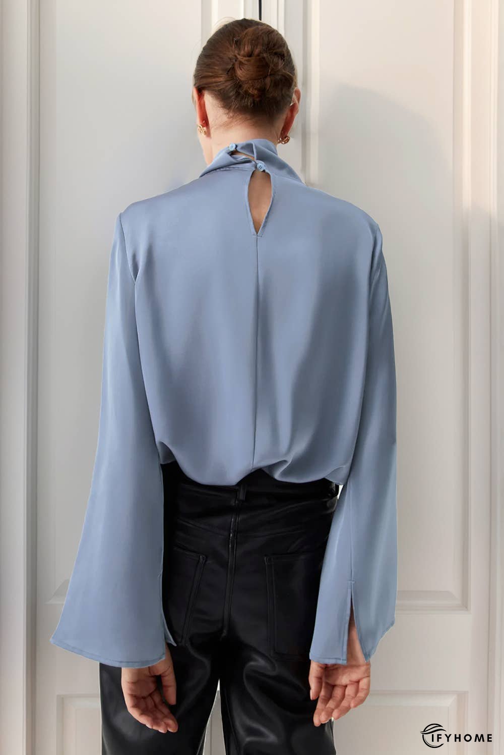 Asymmetric Pleated Turtleneck Bell Sleeve Blouse | IFYHOME