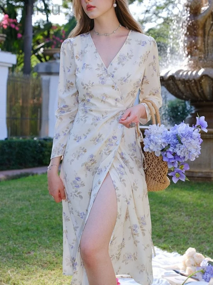V-neck Crossover Long-sleeved Dress
