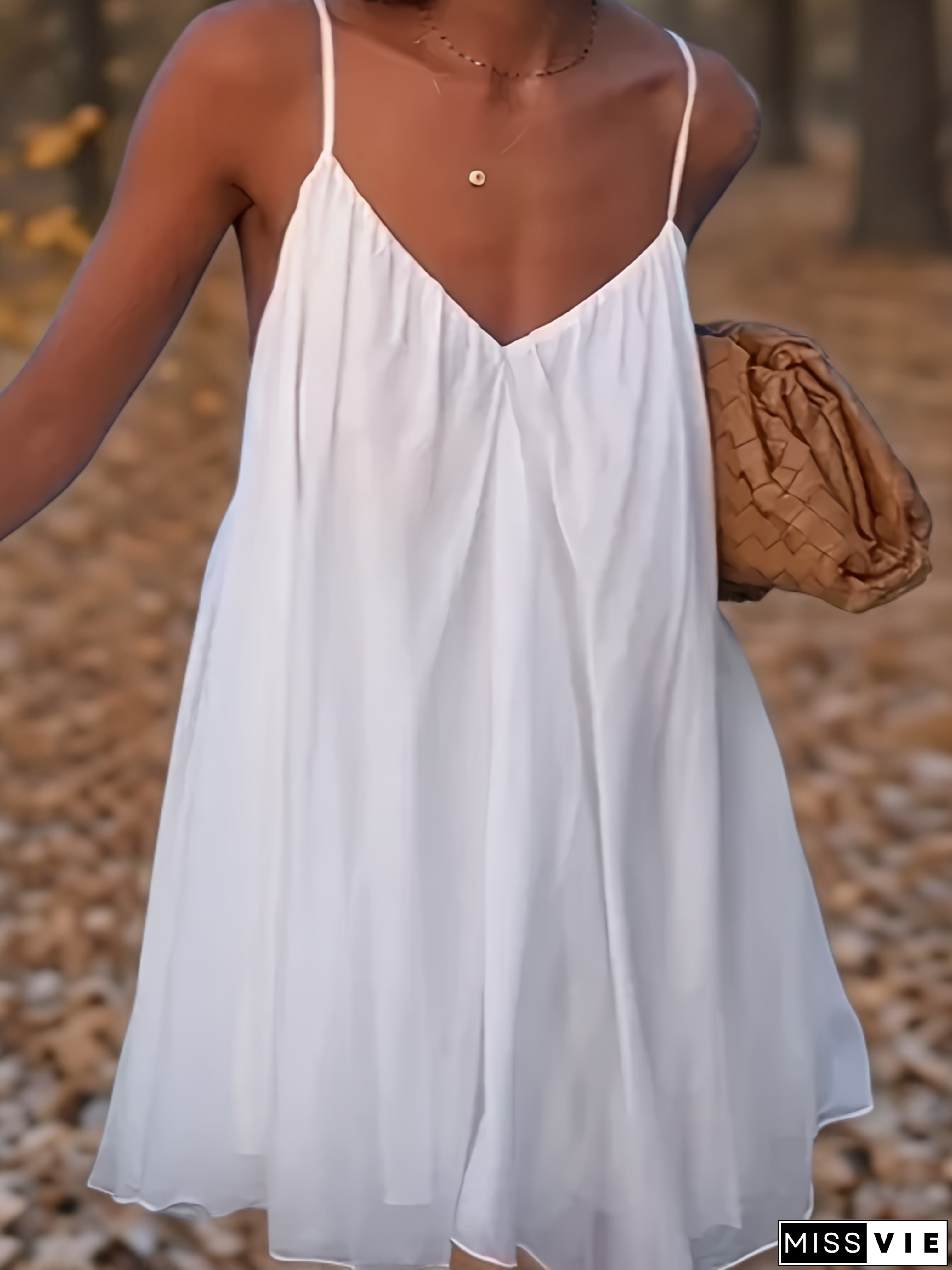 Directional Development Of A Stylish Women's White Dress With A Summer V-Neck, Backless Design, Sexy A-Line Shape, Perfect For Vacation Parties And Mini Skirt Occasions.