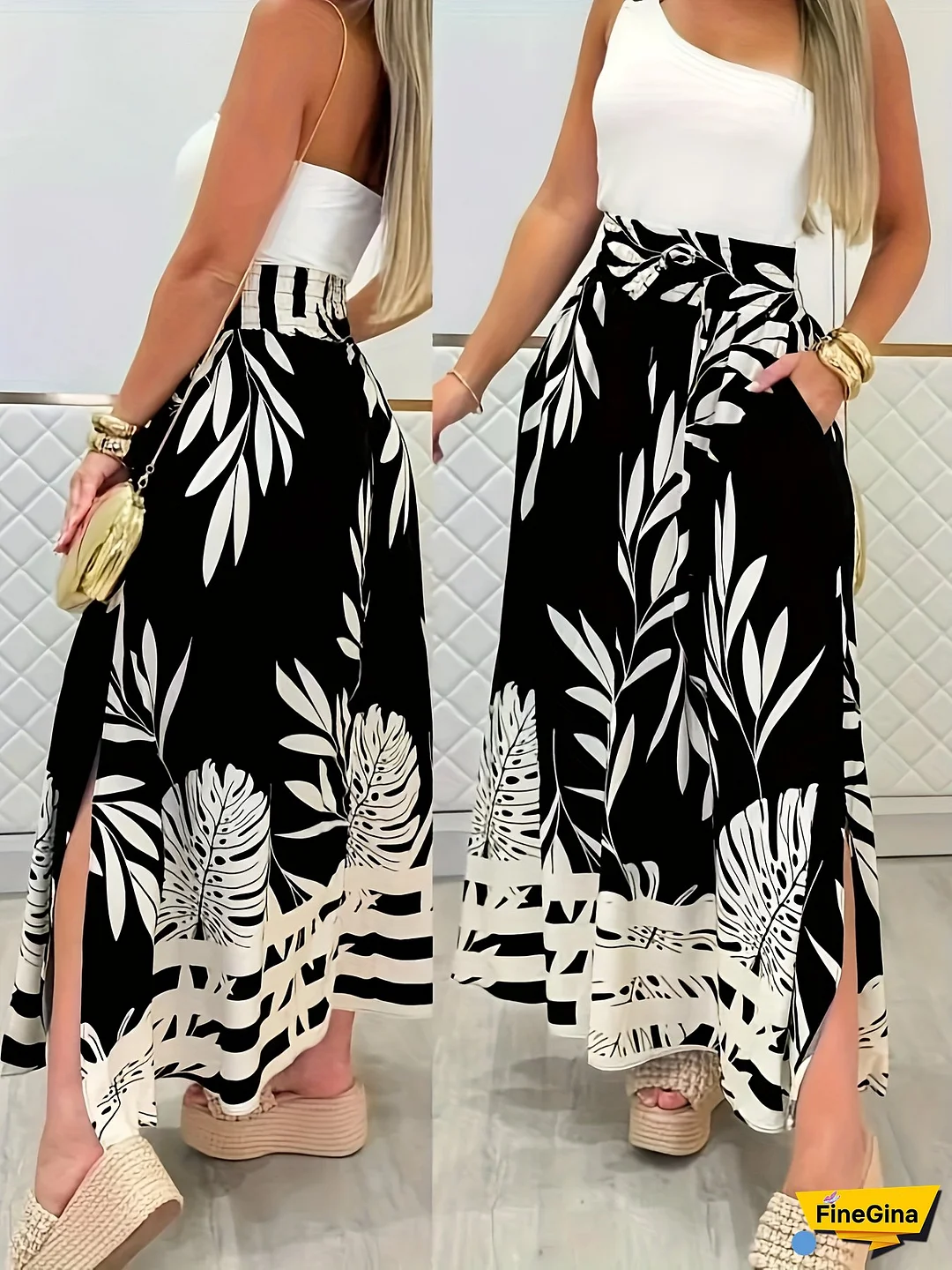 [Elegant Maxi Skirt] Elegant High-Waist Maxi Skirt - Black & White Leaf Print, Side Slit & Pockets, Ruched Design, Flowy A-Line Silhouette for Women - Spring/Summer/Fall