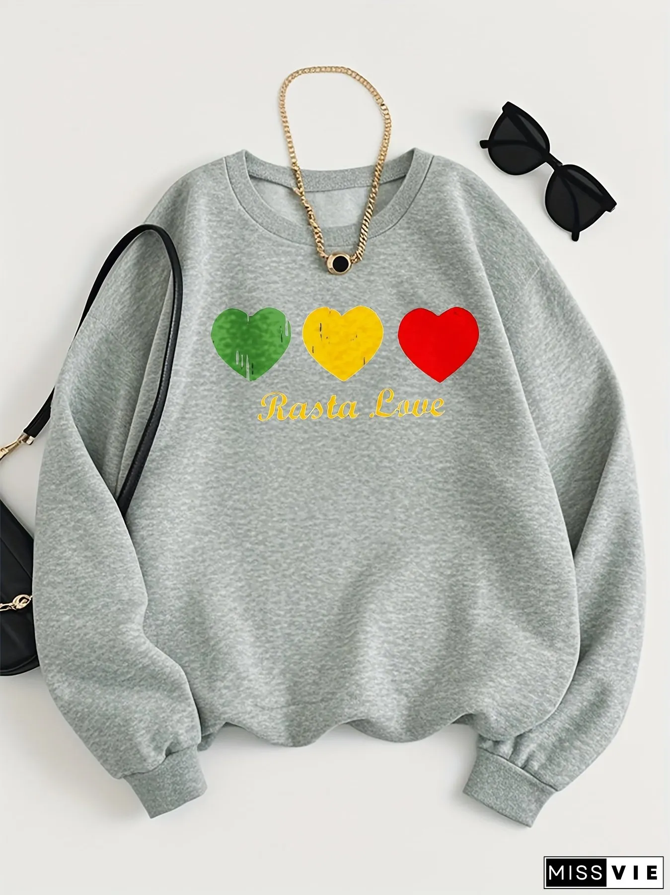 Womens Rasta Love Tri-Color Heart Print Crew Neck Sweatshirt Green Yellow Red