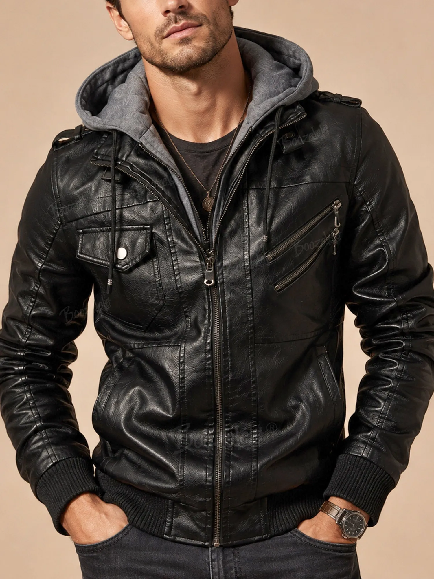 Perfect For Autumn Road Trips On Motorcycles &mdash; Classic Faux Two-Piece Hooded Multi-Zippered Men'S Motorcycle Jacket