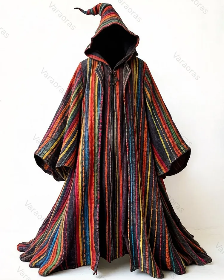 Men's Fashionable Colorful Striped Printed Cotton Linen Hooded Cape 8924