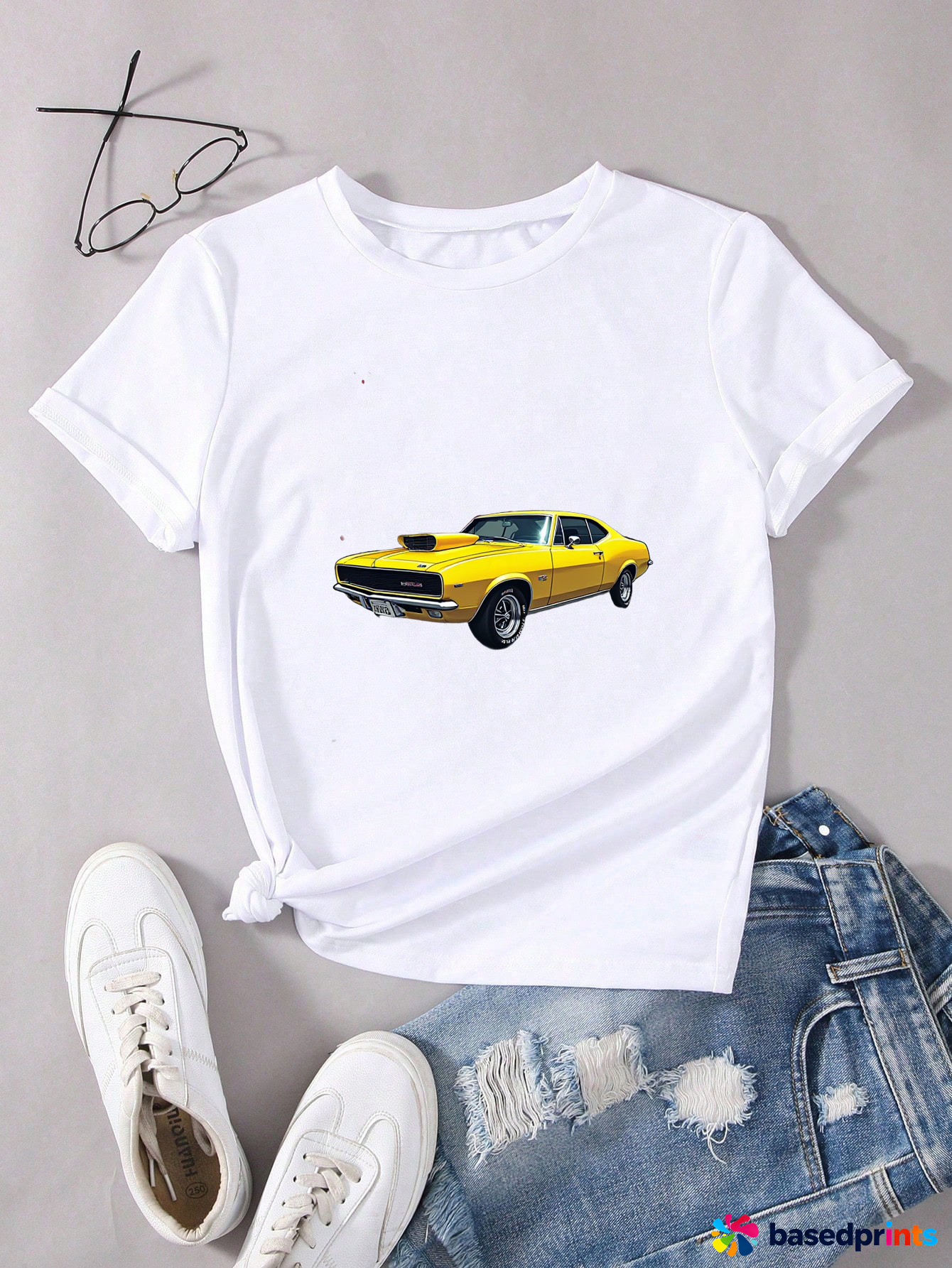 White Muscle Car Print T-Shirt