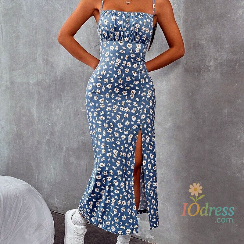 IO Dress Vintage Slit Slip Summer Beach Dress Casual Flowers Print Sleeveless Dress Women Sexy Backless Long Yellow Blue Dresses Women