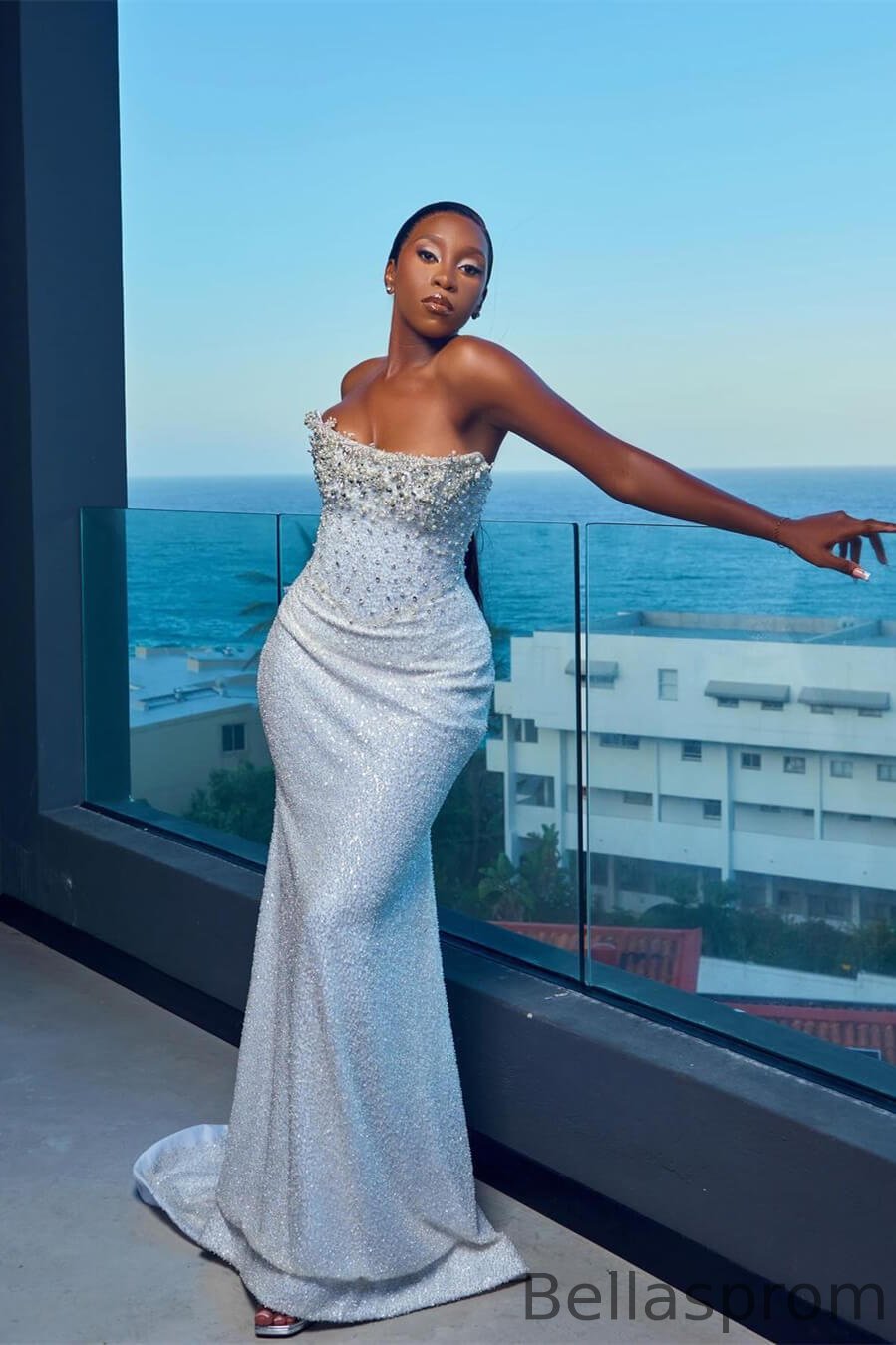 Bellasprom Silver Strapless Sleeveless Mermaid Prom Dress With Sequins Beadings Pearls Bellasprom
