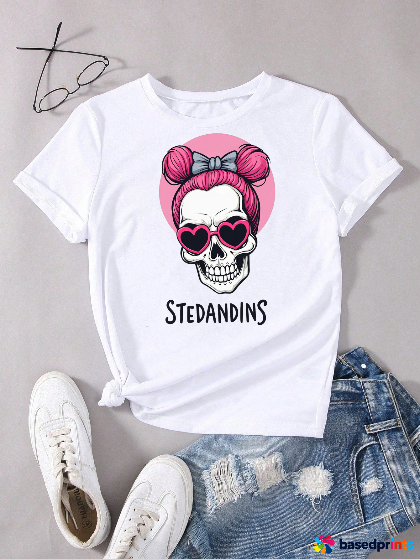 Skull Pink Hair Bow Sunglasses T-Shirt