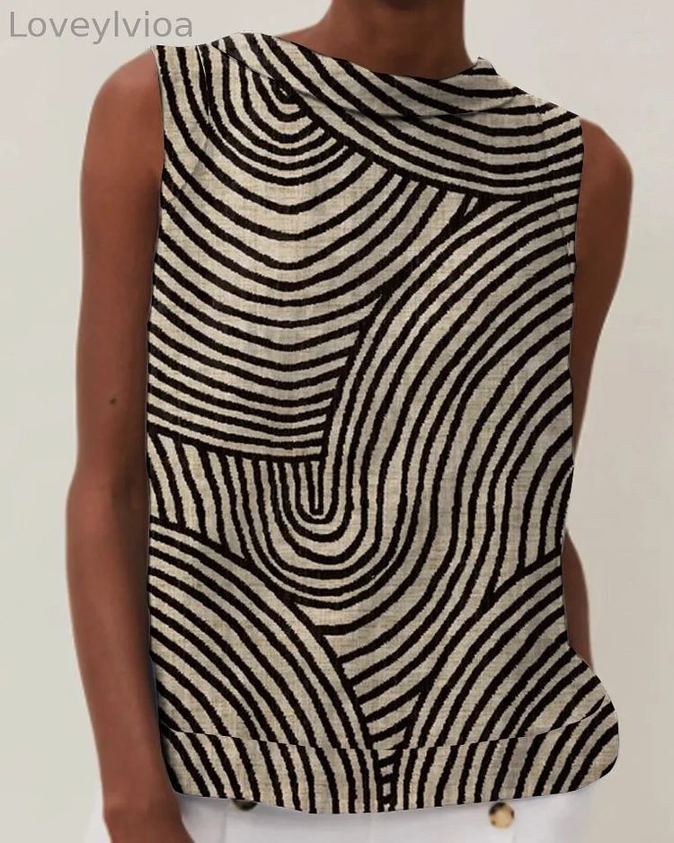 Vintage Abstract Art Print Crew Neck Sleeveless Top