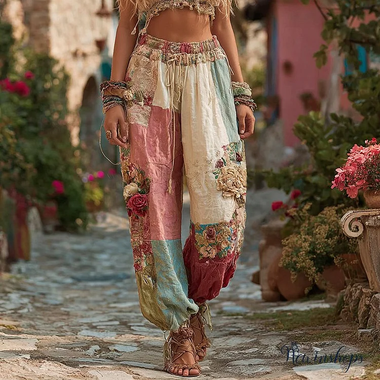 Women's Retro Colorful Rose Stitching Casual Pants