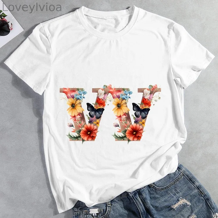 Butterfly Alphabet W Round Neck T-shirt