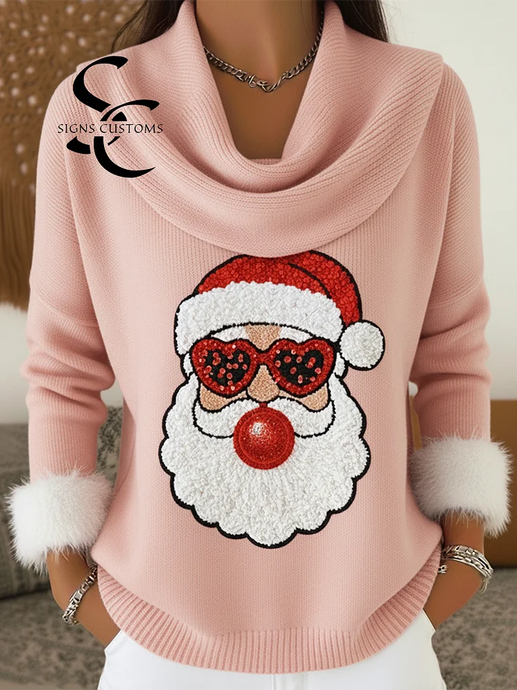 Christmas Fun Santa Claus Print Cowl Neck Sweater Top
