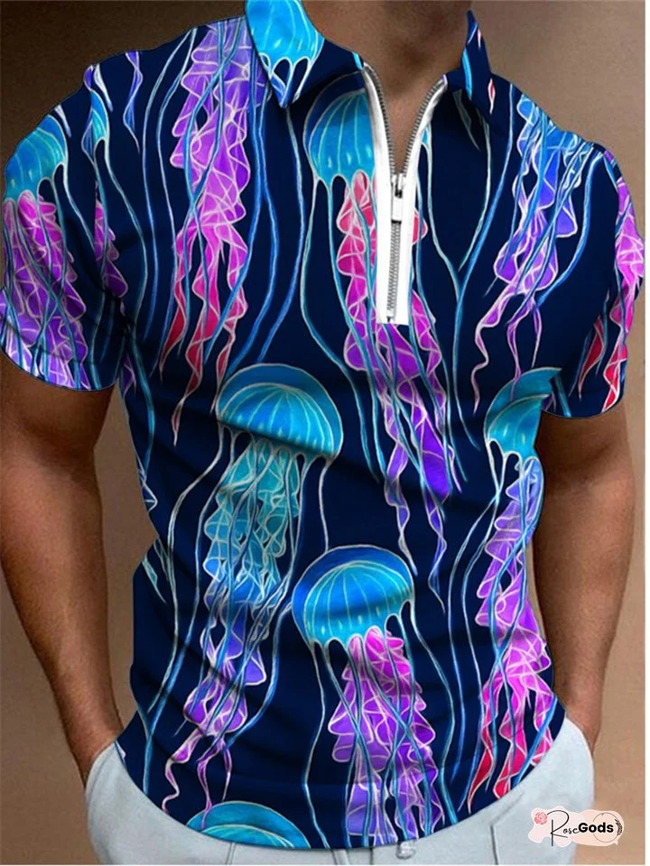 Fashion Jellyfish Print Polo Shirt Men's Summer Short Sleeve S M L XL 2XL 3XL 4XL