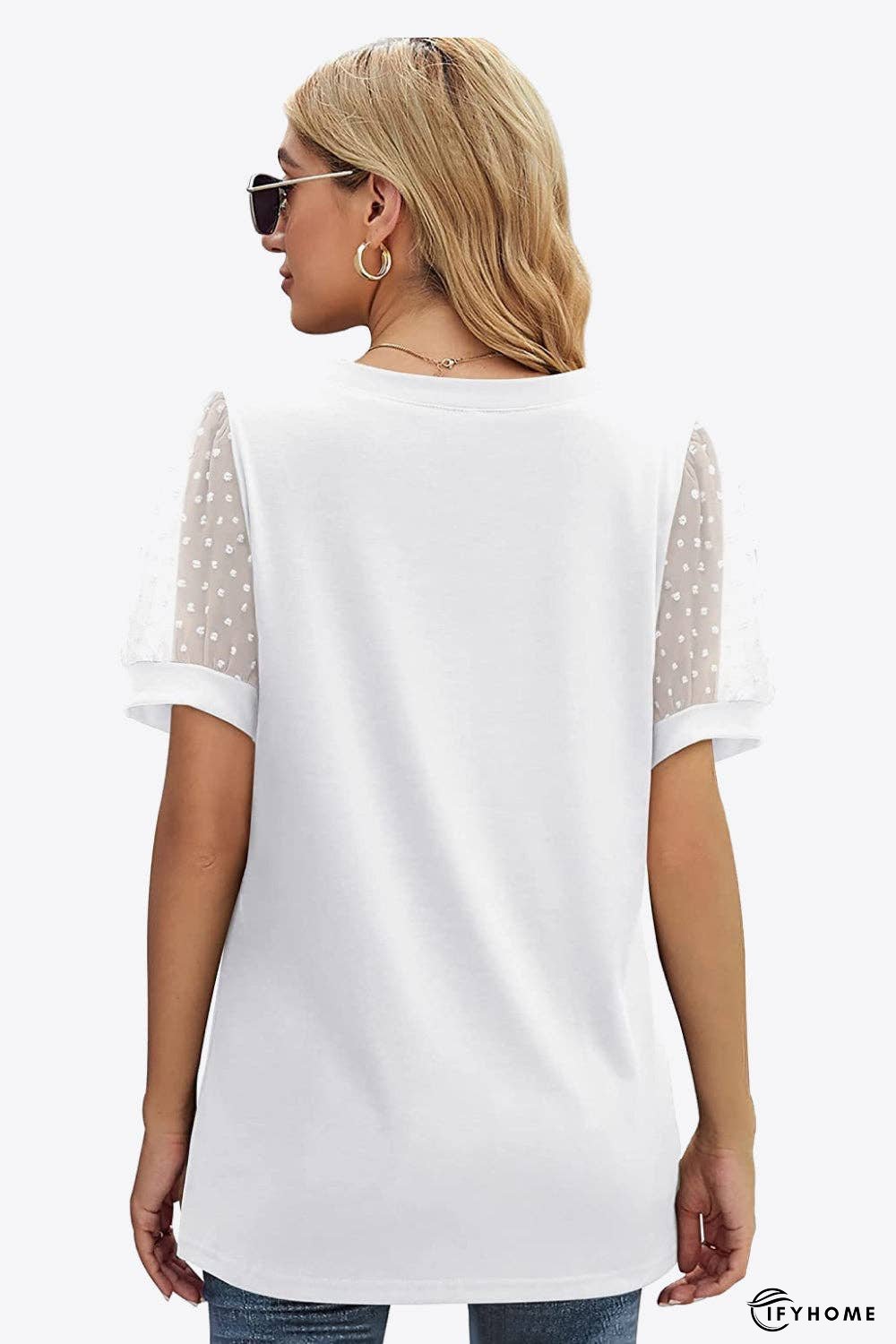 Swiss Dot Puff Sleeve V-Neck Tee | IFYHOME