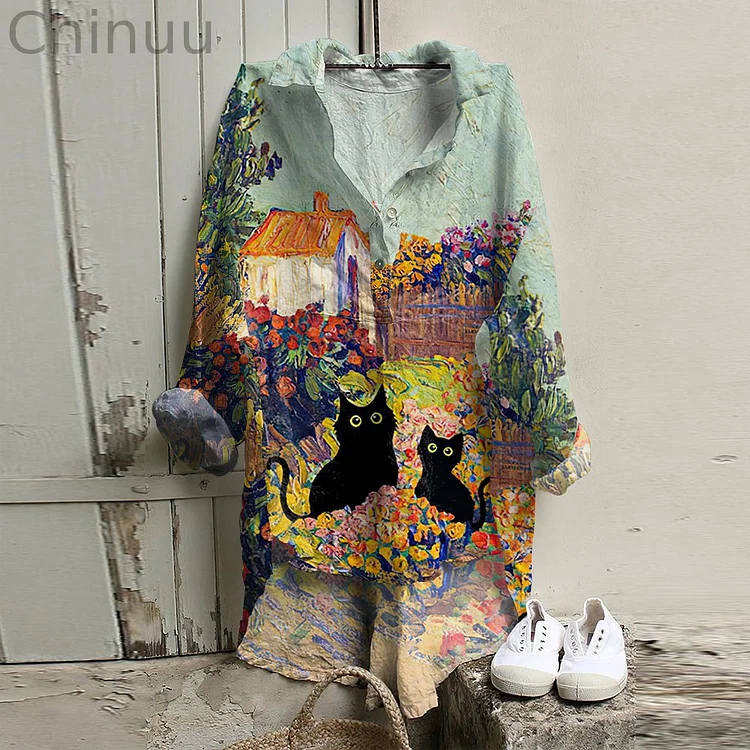 Vintage Cat & Floral Art Cotton And Linen Button V-Neck Casual Shirt