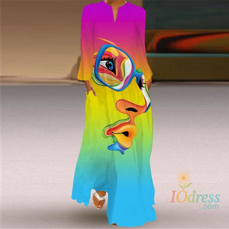 IO Dress Elegant Bohemian Retro Ethnic Style Large Swing Long Dress 2024 New Women's V-neck Long Sleeved Pocket Printed Loose Dress Femme IO Dress
