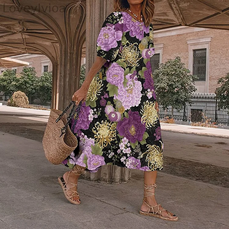 Purple Floral Japanese Art And Spring Midi Dress