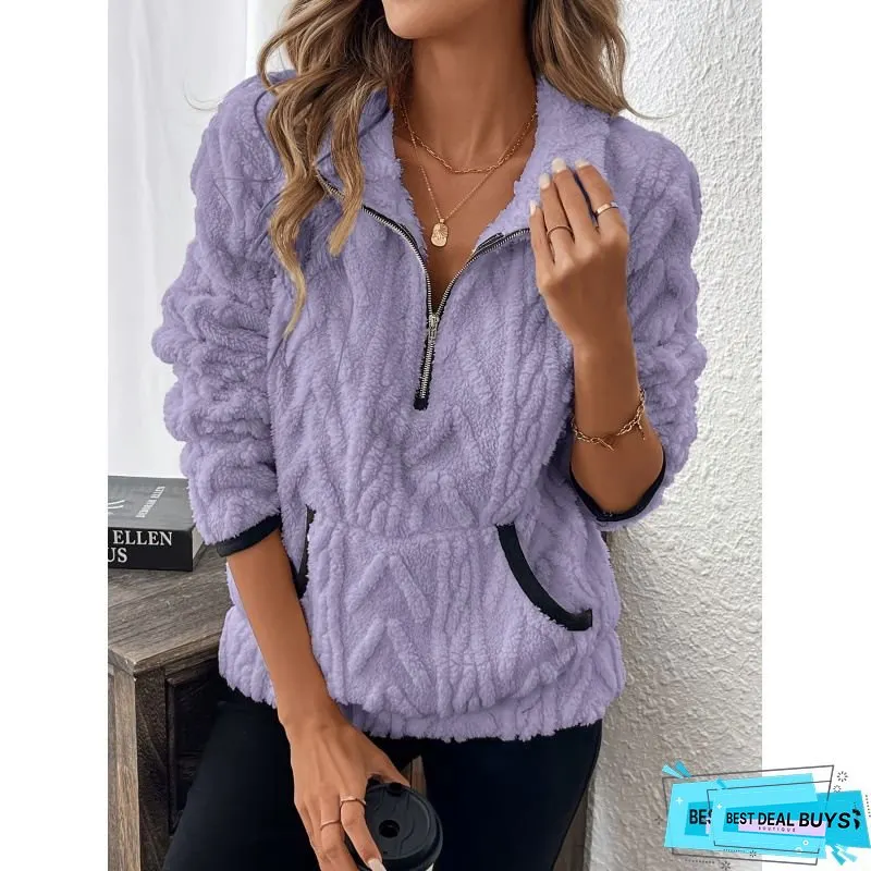 Womens Fleece Half-Zipper Sweater with Large Pocket Soft Warm Full-Zip Closure Machine