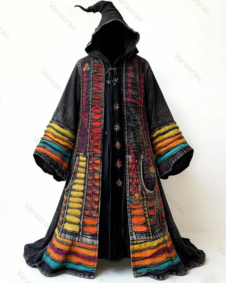 Men's Fashion Rainbow Striped Patchwork Cotton Linen Hooded Cape7054