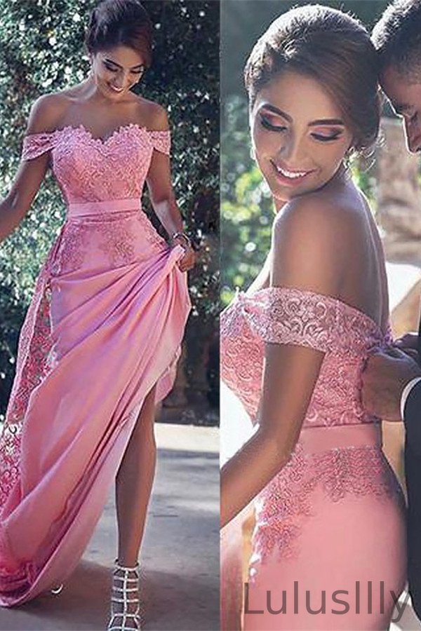 Gorgeous Off-the-Shoulder Candy Pink Evening Dress With Lace - lulusllly