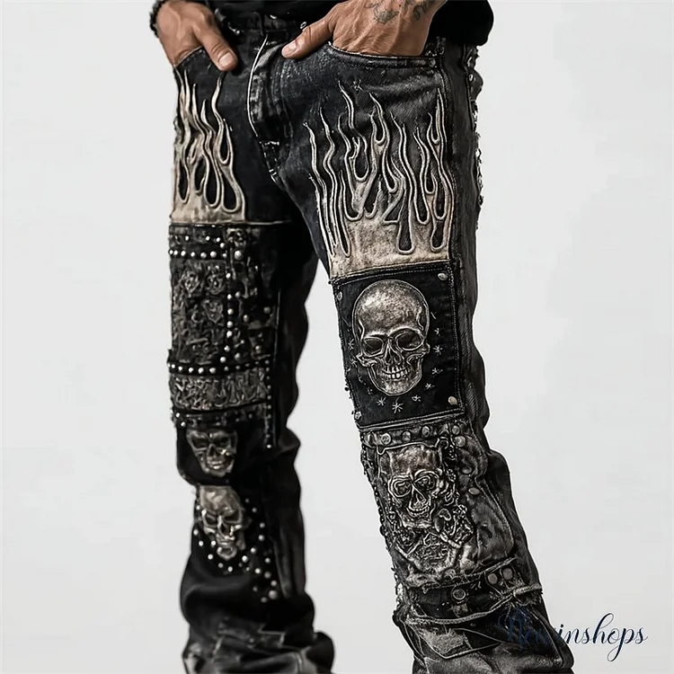 Men's Skulls & Flame Patchwork Rock Studded Washed Bootcut Jeans